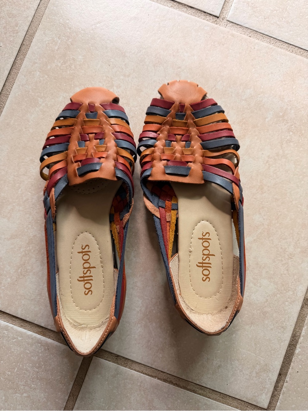 Softspots Multicolor Woven Leather Flats - Tan, Red & Blue